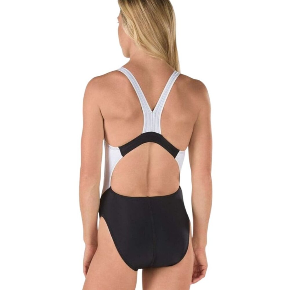Speedo Womens Swimsuit 12 Creora Black White High Cut One Piece Shelf Bra - Picture 3 of 8